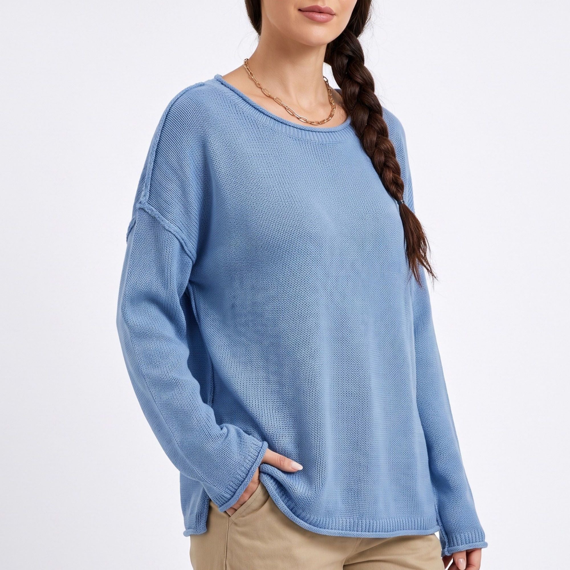 Relaxed Drop Shoulder Crew Neck Long Sleeve Knit Sweater