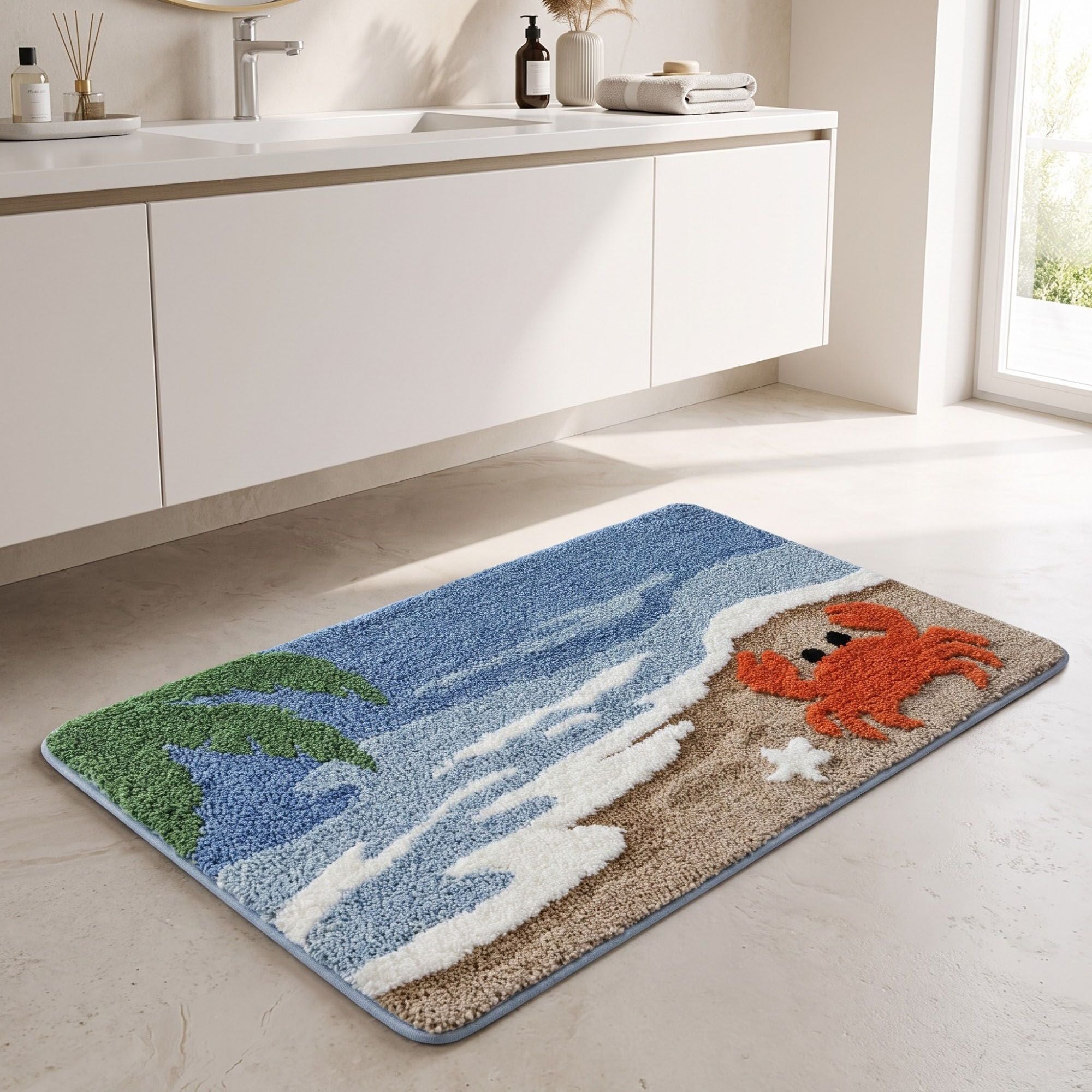 Coastal Ocean Wave Plush Bathroom Mat with Life Preserver and Seashell Design