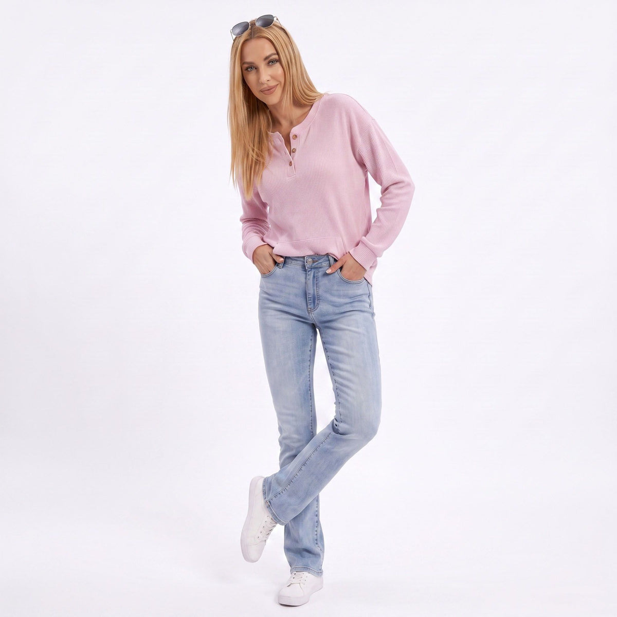 Thermal Waffle Knit Henley Top with Kangaroo Pocket