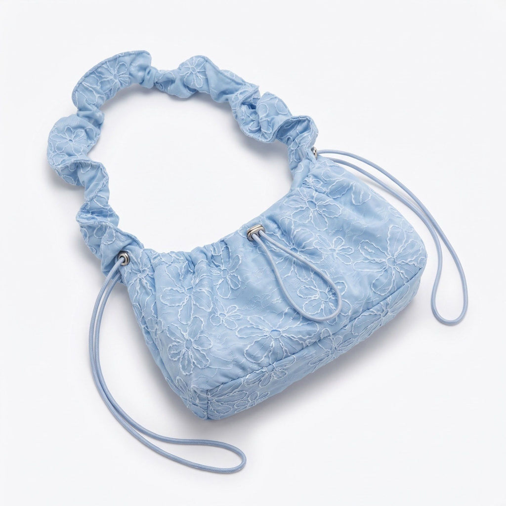 Floral Embroidered Ruched Shoulder Bag with Drawstring Closure 11x8.3x3in