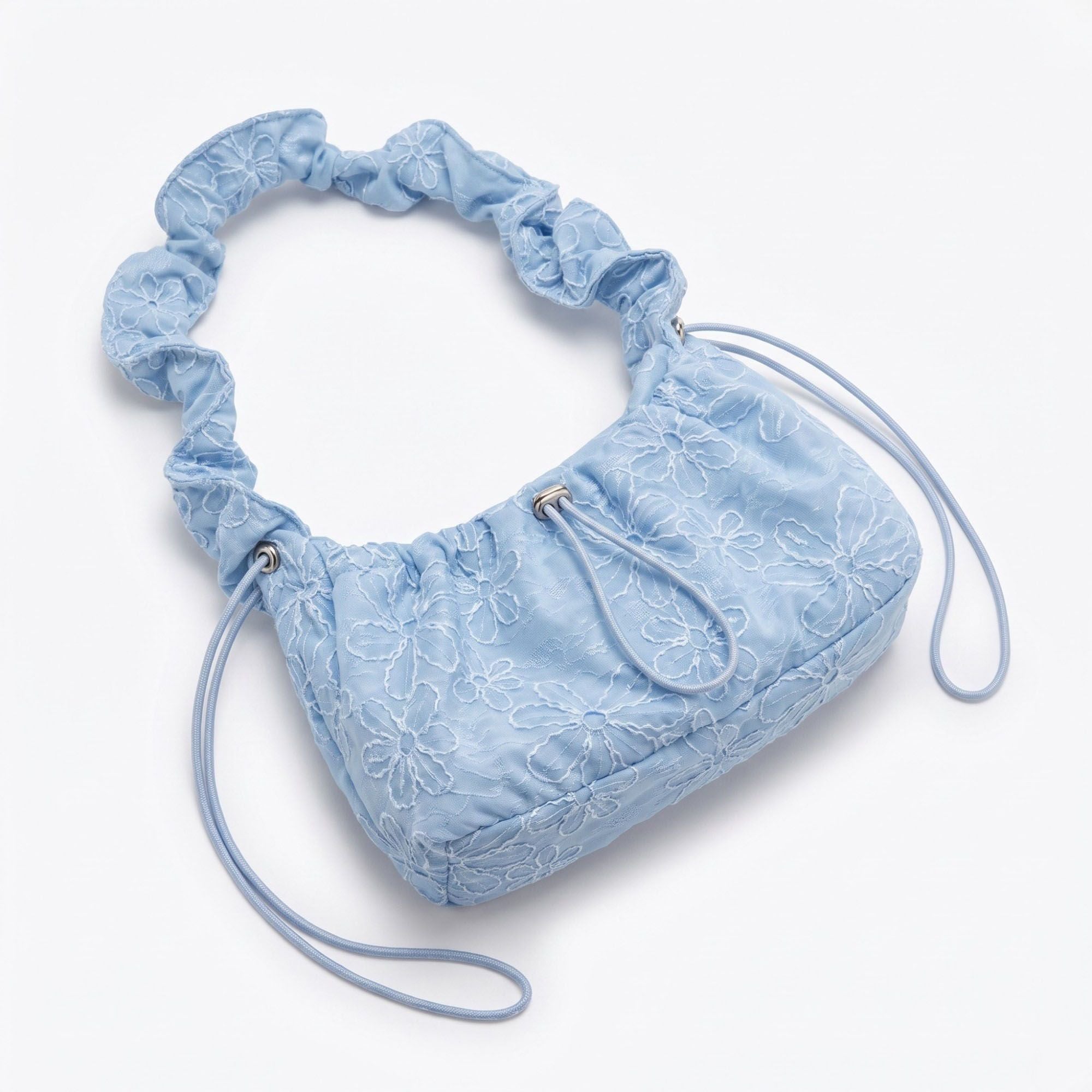 Floral Embroidered Ruched Shoulder Bag with Drawstring Closure 11x8.3x3in