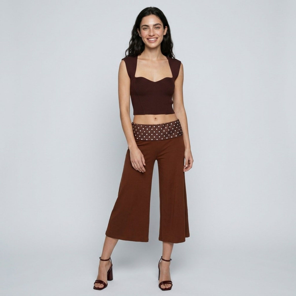 Polka Dot Contrast Waistband Cropped Wide-Leg Trousers