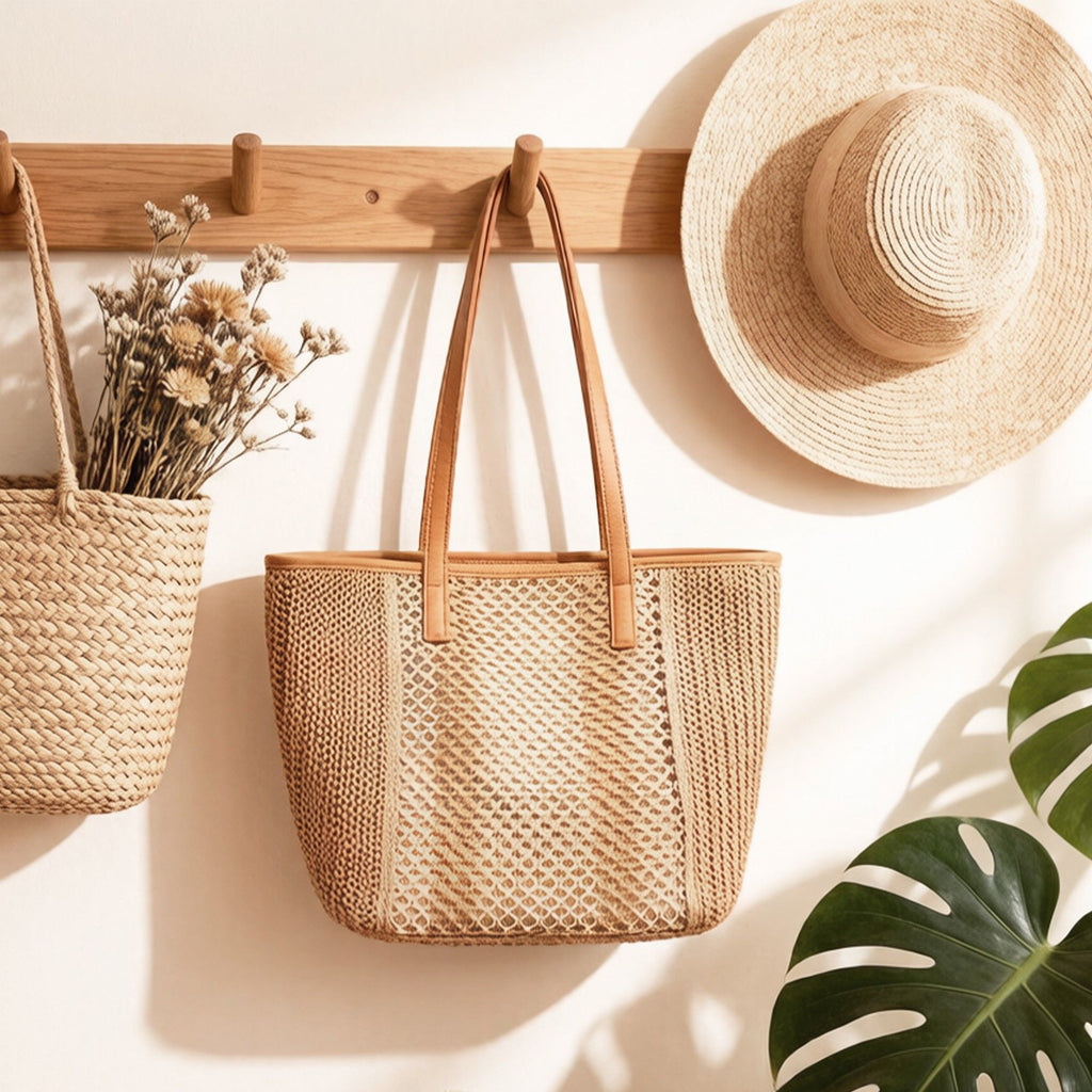 Woven Crochet Tote Bag with Textured Panel Design Leather Shoulder Strap Lightweight Handbag