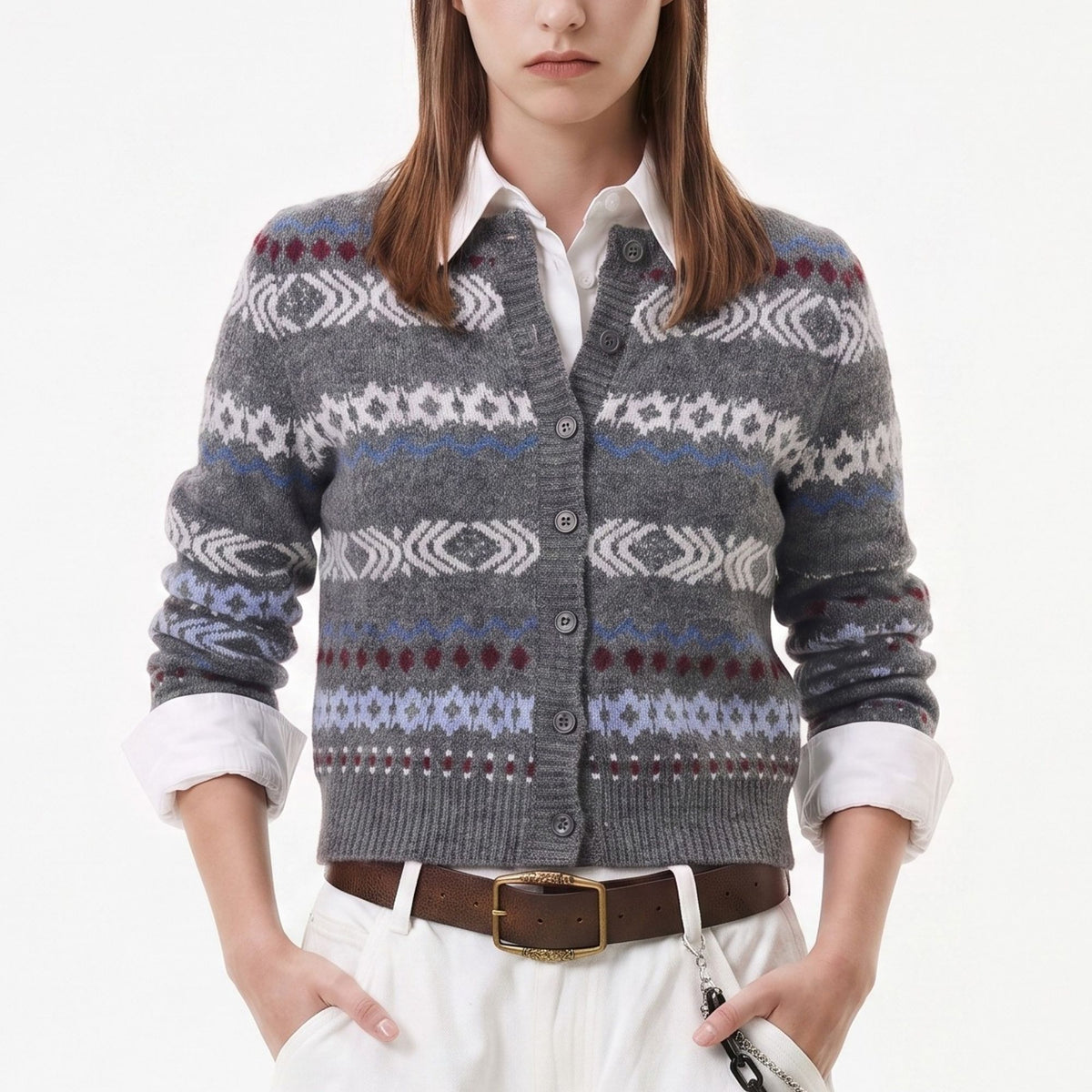 Geometric Pattern Button Front Knit Cardigan Sweater