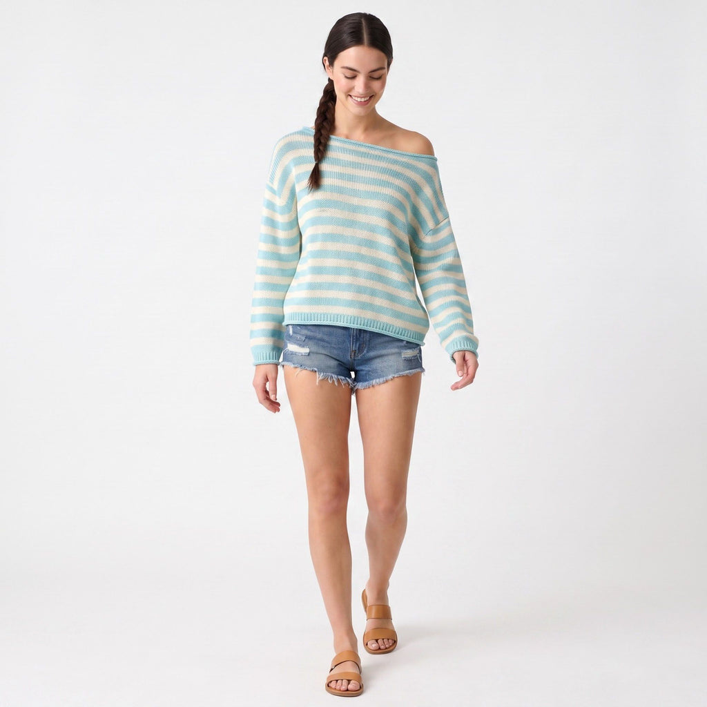 Striped Boat Neck Drop Shoulder Long Sleeve Knit Sweater