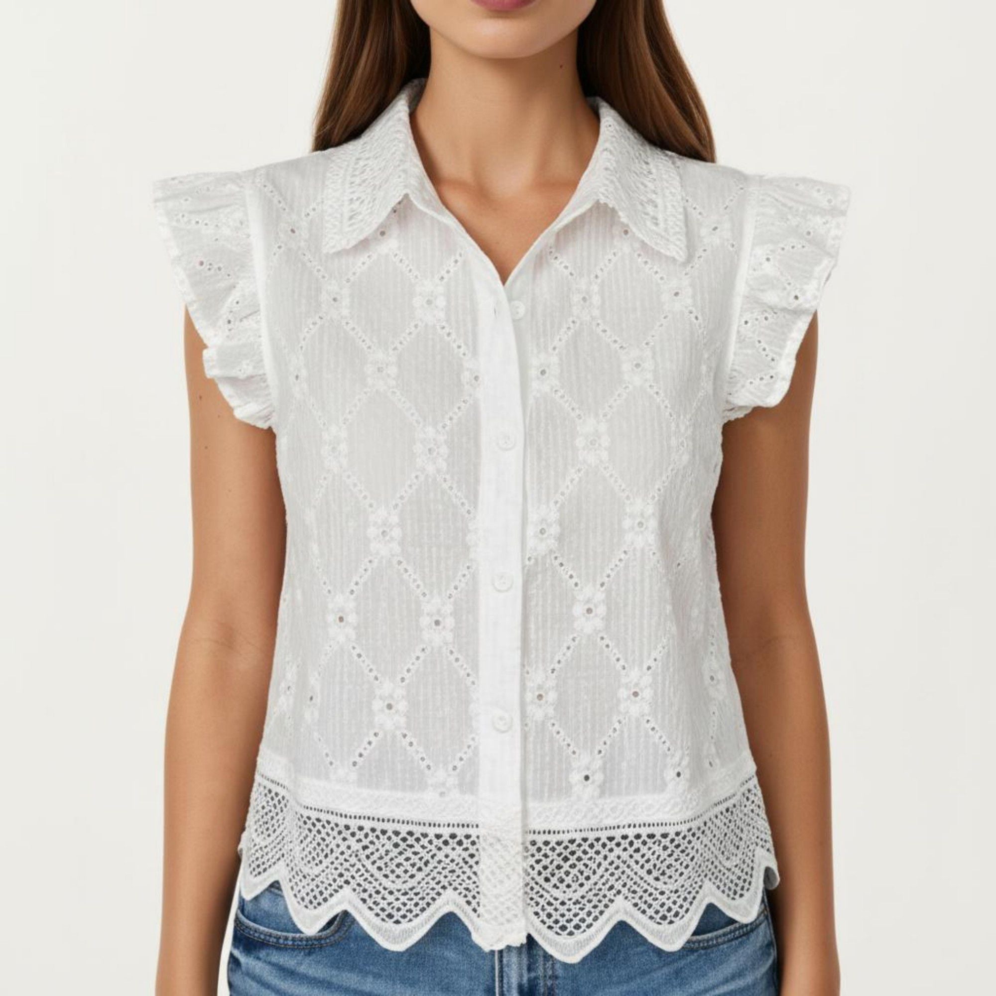 Anna-Kaci Women's Sleeveless Button Front Eyelet Top with Ruffle Shoulders and Scalloped Hem