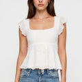 Anna-Kaci Women's Square Neck Peplum Top with Ruffle Sleeves and Front Tie Detail