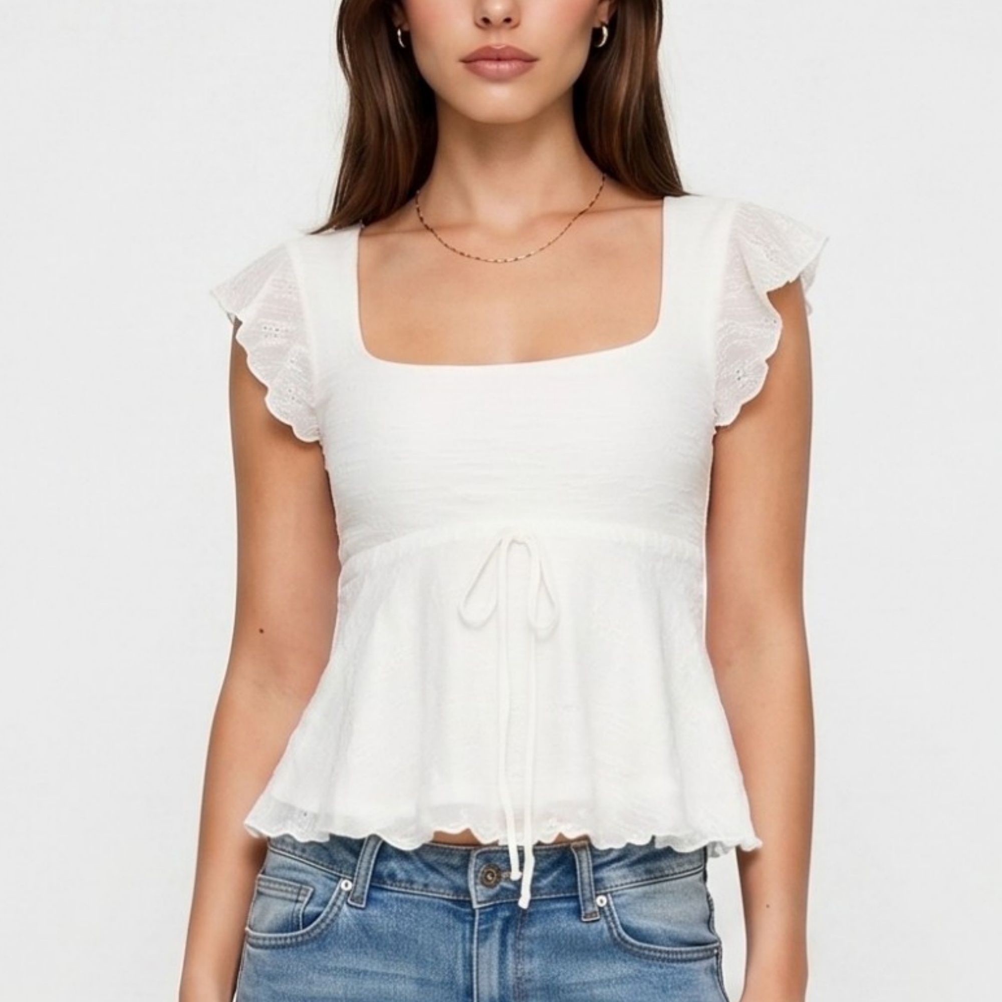 Anna-Kaci Women's Square Neck Peplum Top with Ruffle Sleeves and Front Tie Detail
