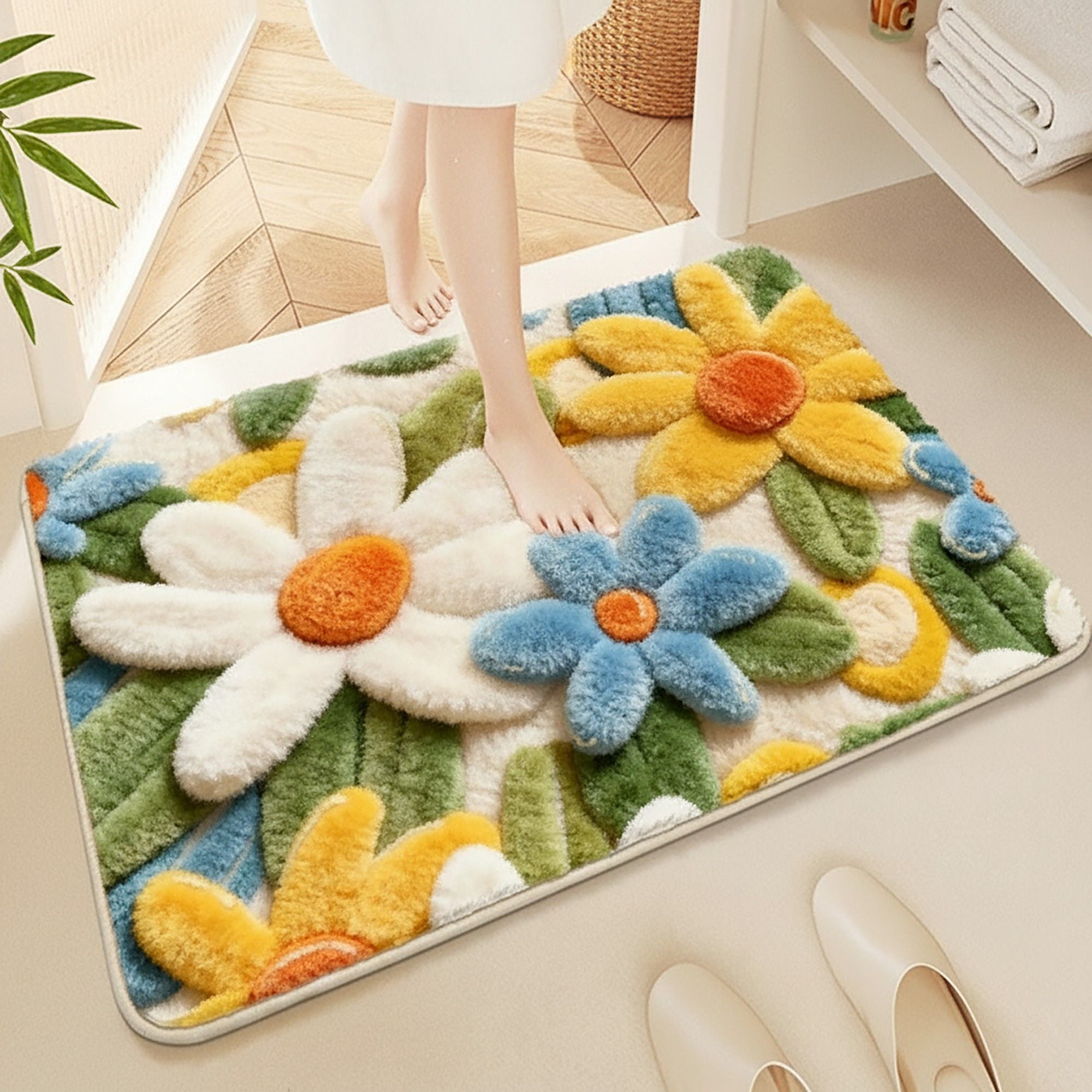 Tufted Floor Mat with Cute Animal and Sunflower Design Non Slip Backing Soft Plush Decorative Rug