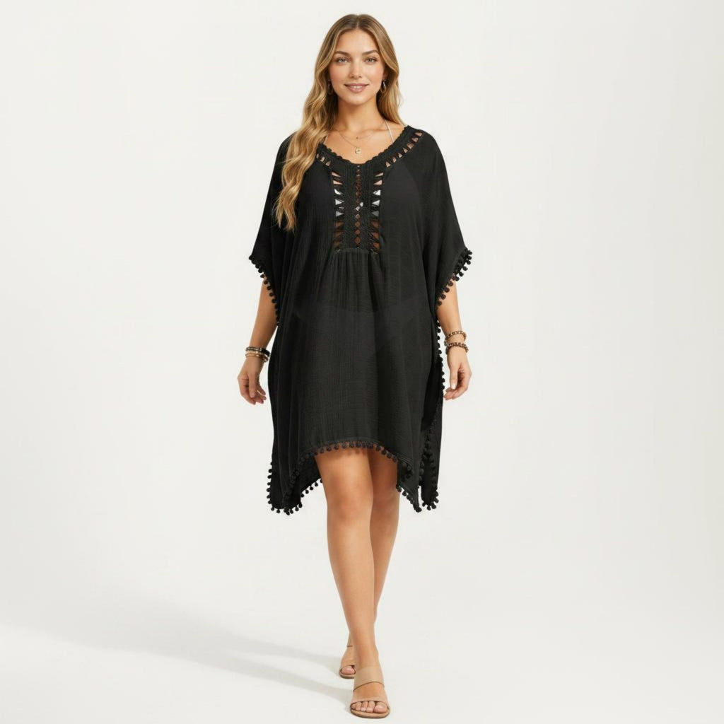 Anna-Kaci Women's Swim Cover Up Dress with Crochet Cutout Neckline Pom Trim Hem Loose Short Sleeves Relaxed Fit