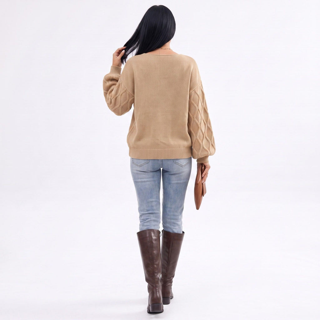 Cable Knit V-Neck Balloon Sleeve Sweater