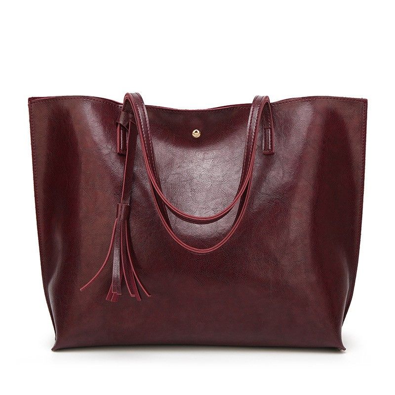 Large Faux Leather Shoulder Tote Bag with Tassel and Magnetic Snap Closure