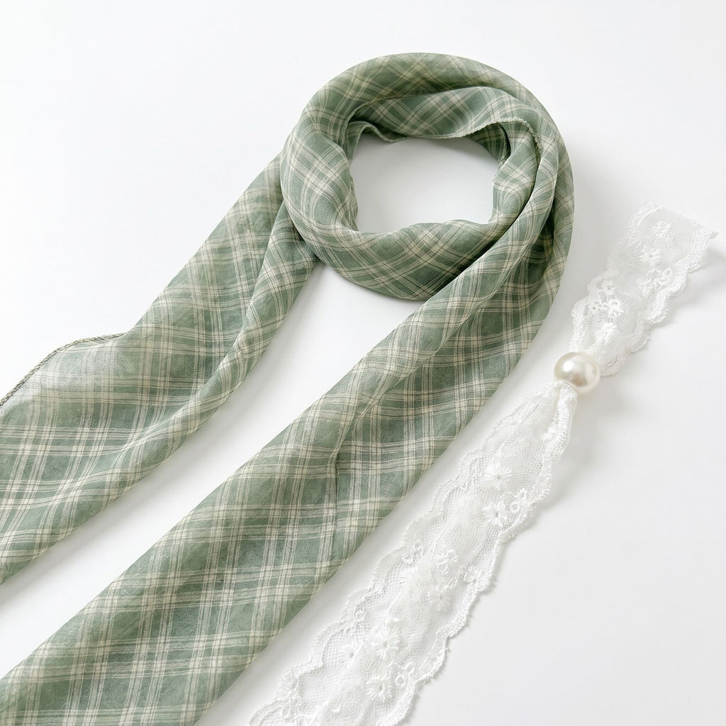 Sheer Skinny Scarf with Lace Trim Faux Pearl Accent and Long Neck Tie Design