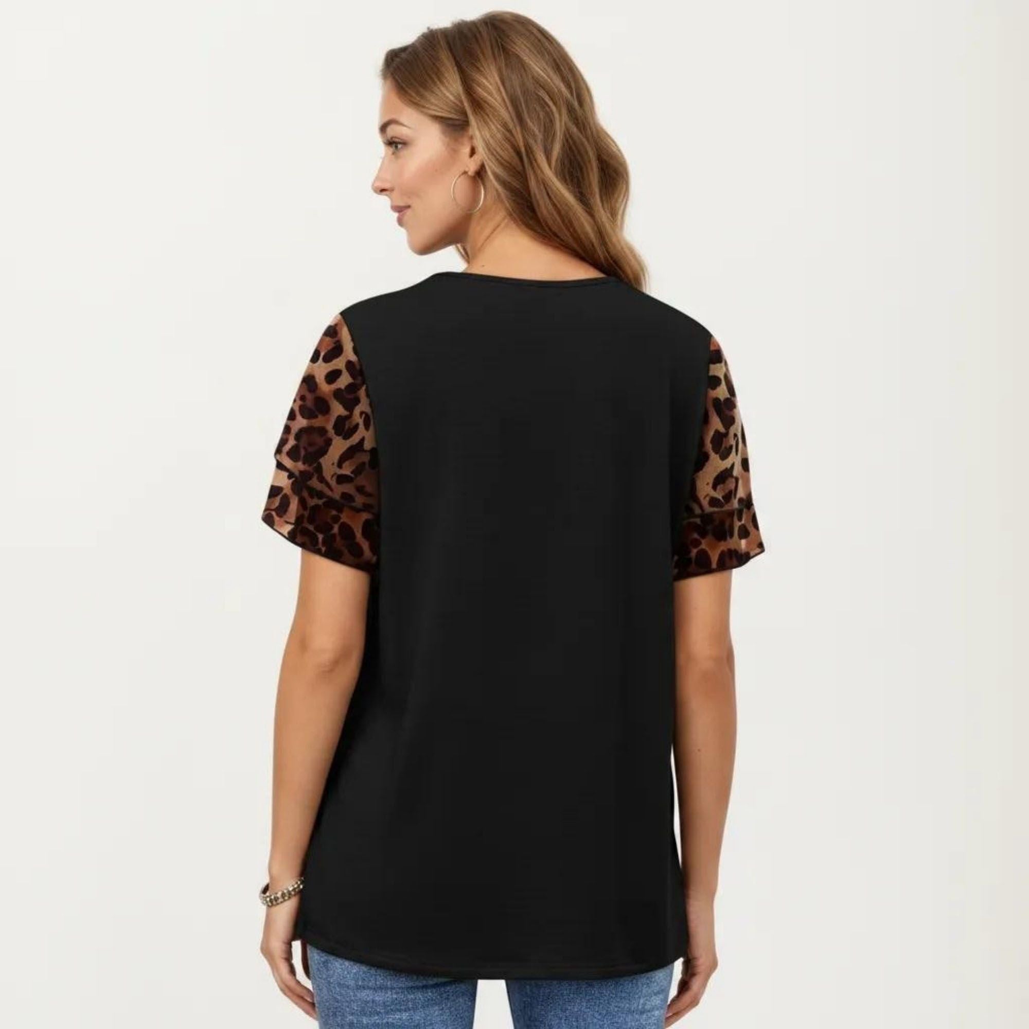 Anna-Kaci Women's Short Sleeve Top with Leopard Print Mesh Sleeves Round Neck Relaxed Fit Casual Shirt