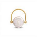 Women's Gold Tone Adjustable Ring with Round Irregular Pearl Center and Polished Bead Accents