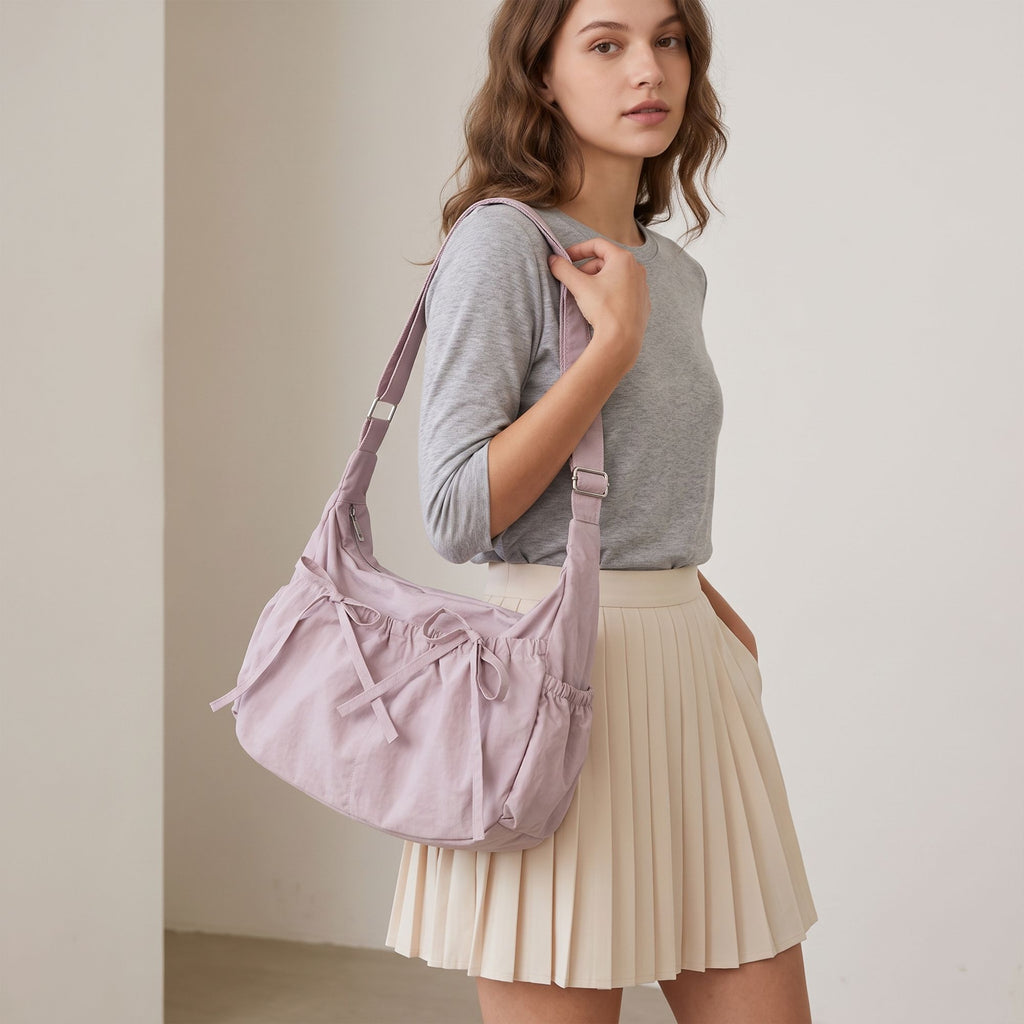 Lightweight Bow Detail Hobo Shoulder Bag with Adjustable Strap and Multiple Pockets
