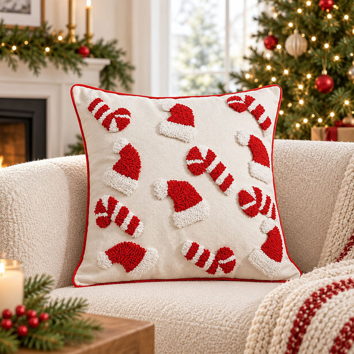 Christmas Santa Hat and Mitten Tufted Throw Pillow Cover