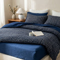 4-Piece Cotton Double Gauze Bedding Set with Duvet Cover Flat Sheet and Pillowcases Textured Woven Pattern