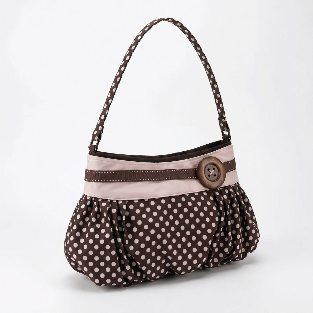 Polka Dot Slouch Shoulder Bag with Oversized Button Accent Pleated Silhouette Retro Inspired Handbag 12x7x0.4 in