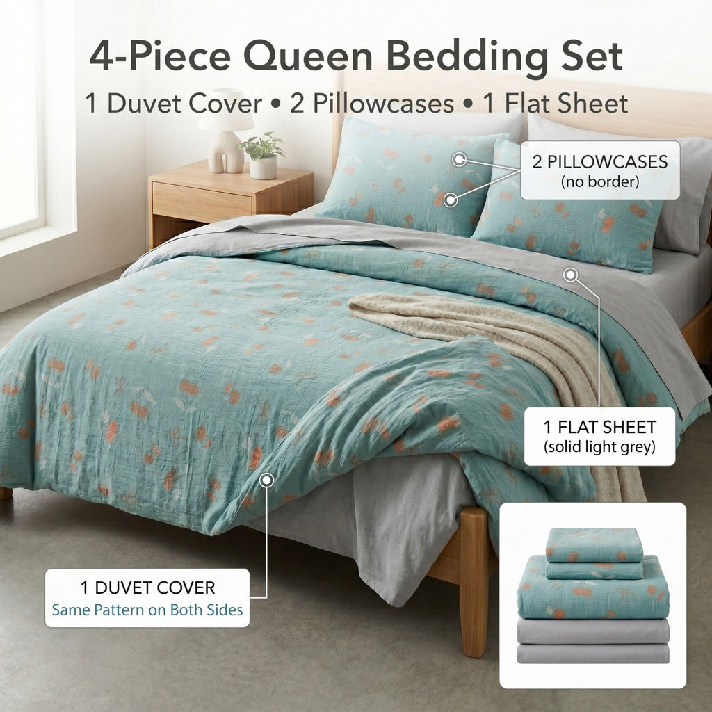 4-Piece Cotton Bedding Set with Cherry Print Duvet Cover and Pillowcases