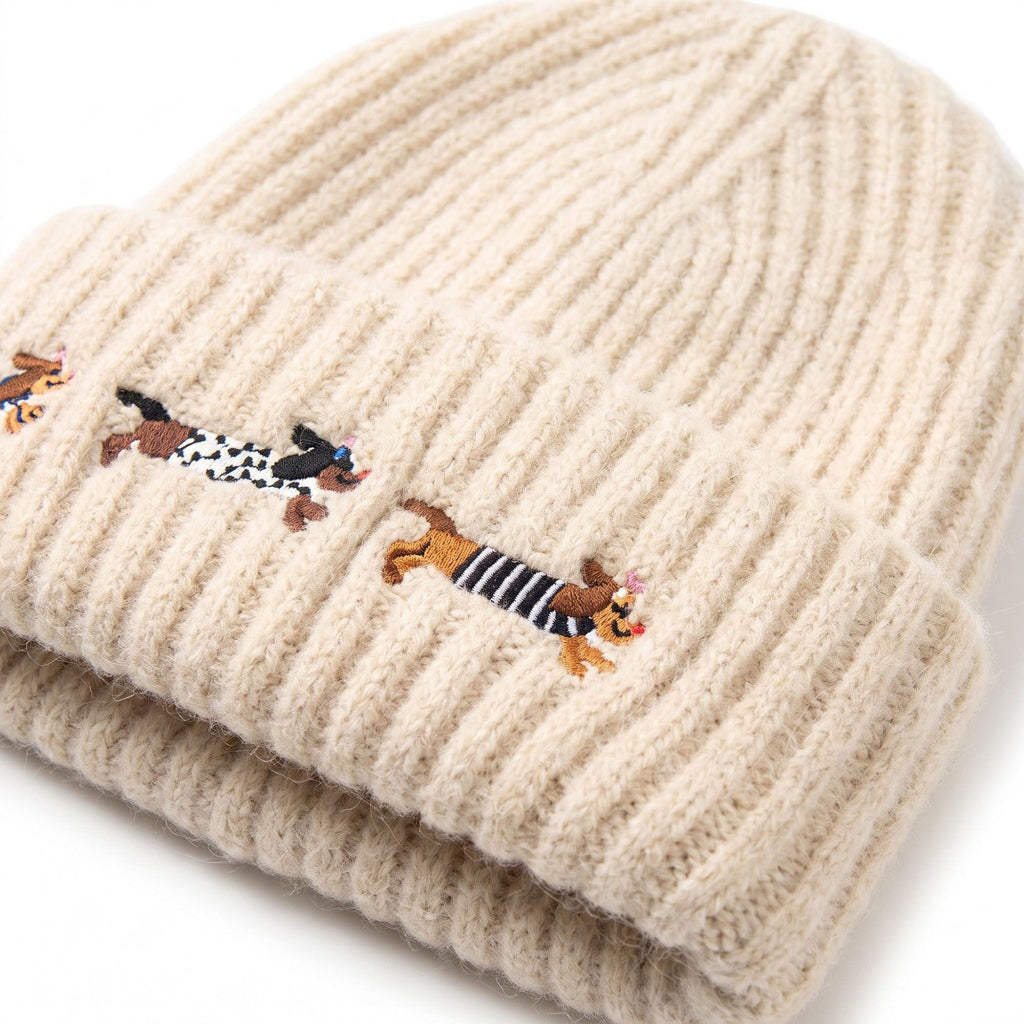 Embroidered Dachshund Knit Beanie Ribbed Cuff Winter Hat