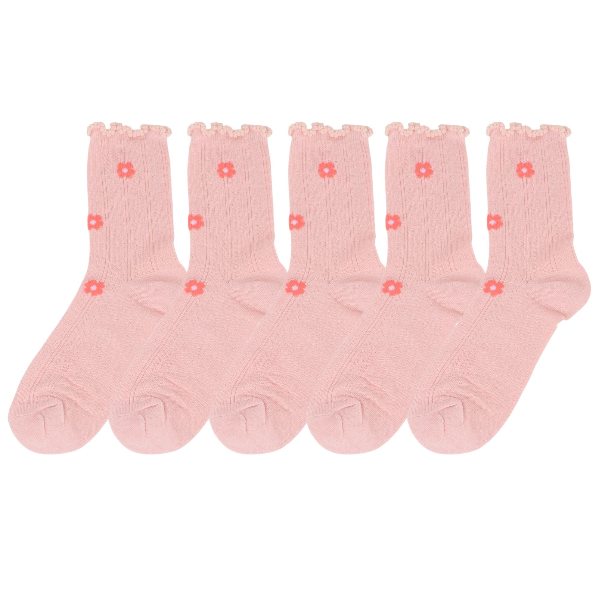 Anna-Kaci Women's 5-Pair Set Ruffle Ankle Socks with Floral Embroidery and Breathable Knit Design for Flats or Mary Janes