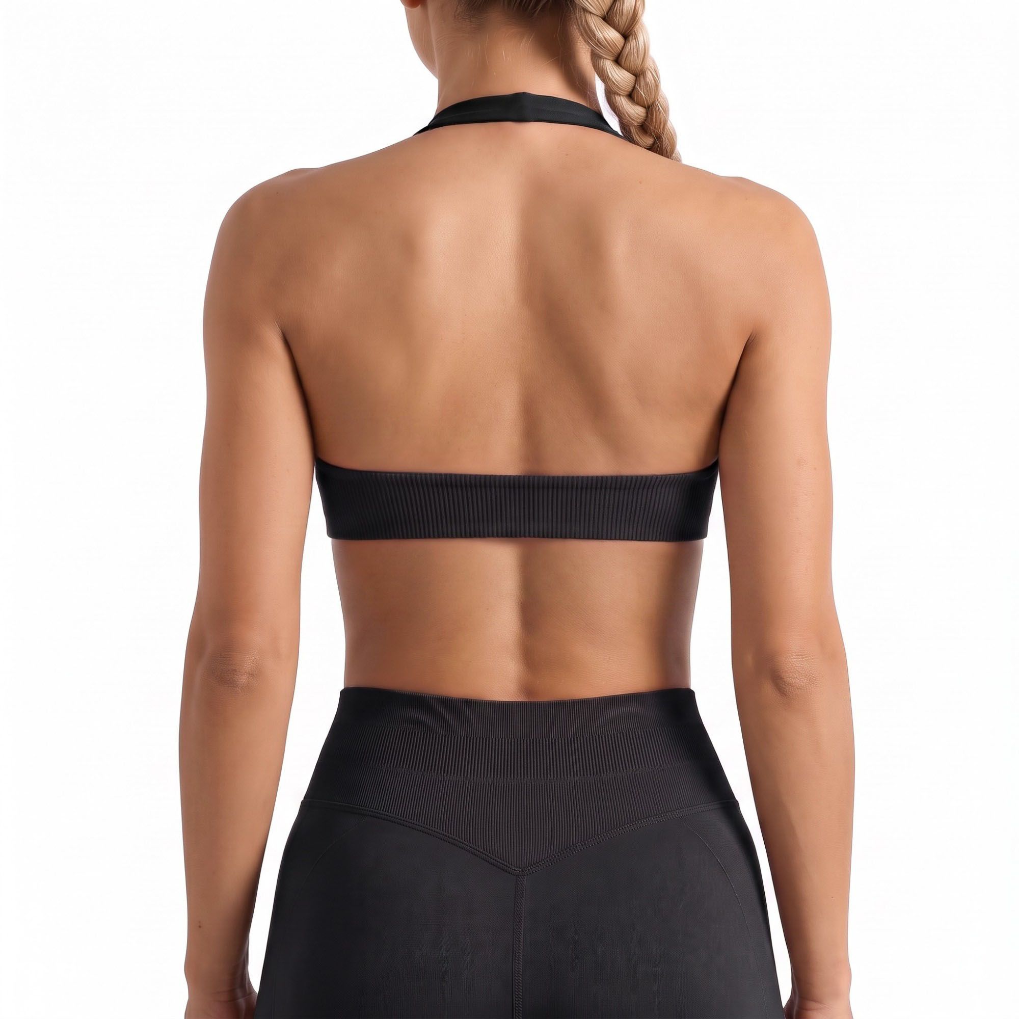 Seamless Halter Sports Bra with Ribbed Underband Open Back Workout Top for Athleisure
