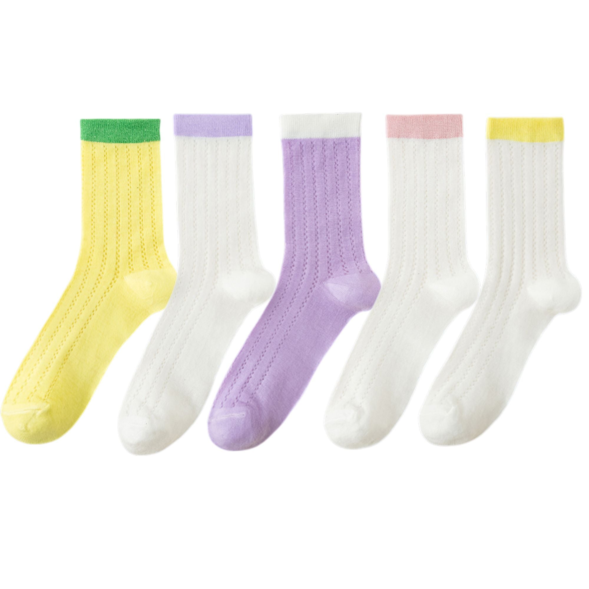 Anna-Kaci 5 Pairs Women's Breathable Lace-Knit Crew Socks with Colored Cuffs Soft Lightweight Anti-Odor for Casual Wear