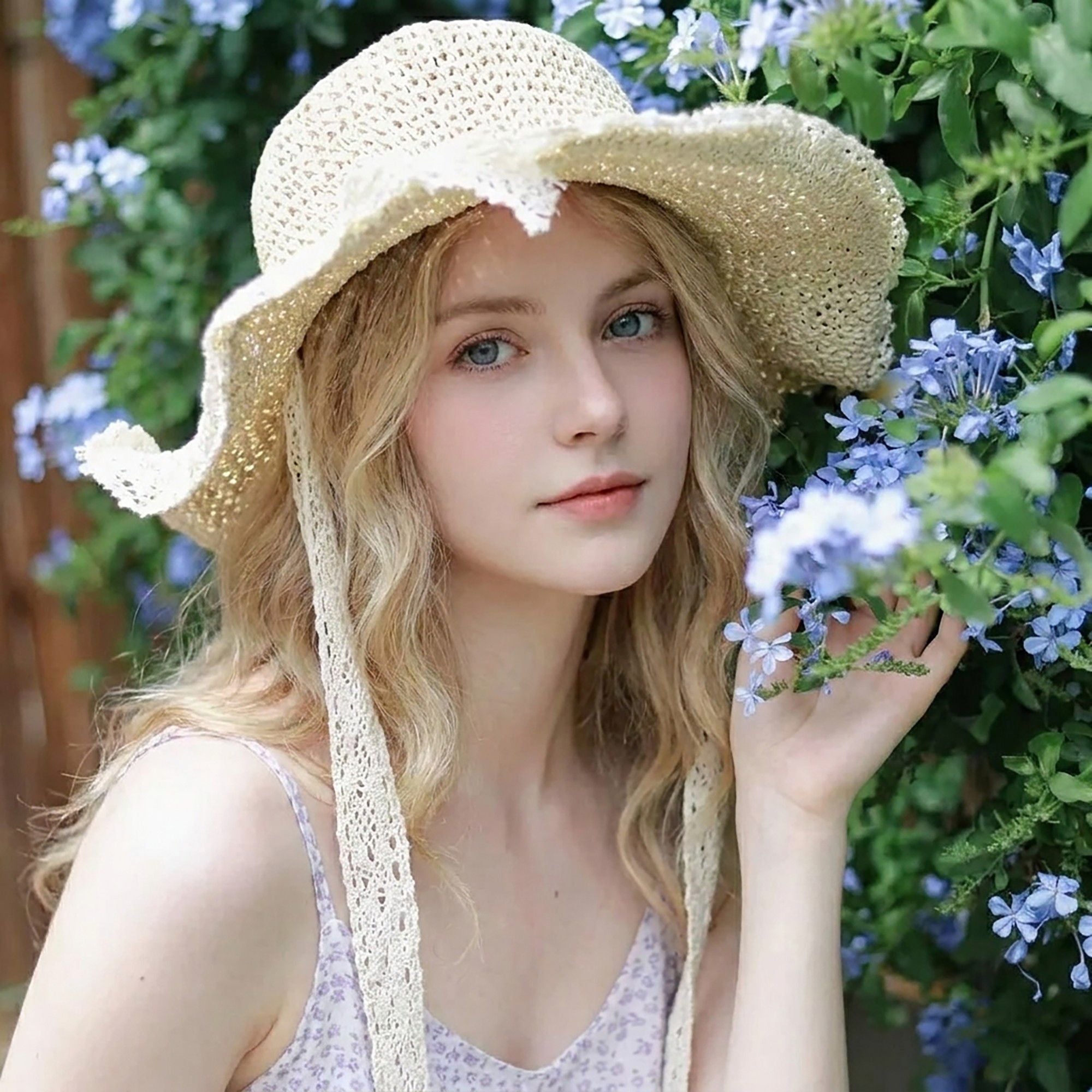 Crochet Wide Brim Sun Hat with Lace Trim Bow Accent and Wavy Brim