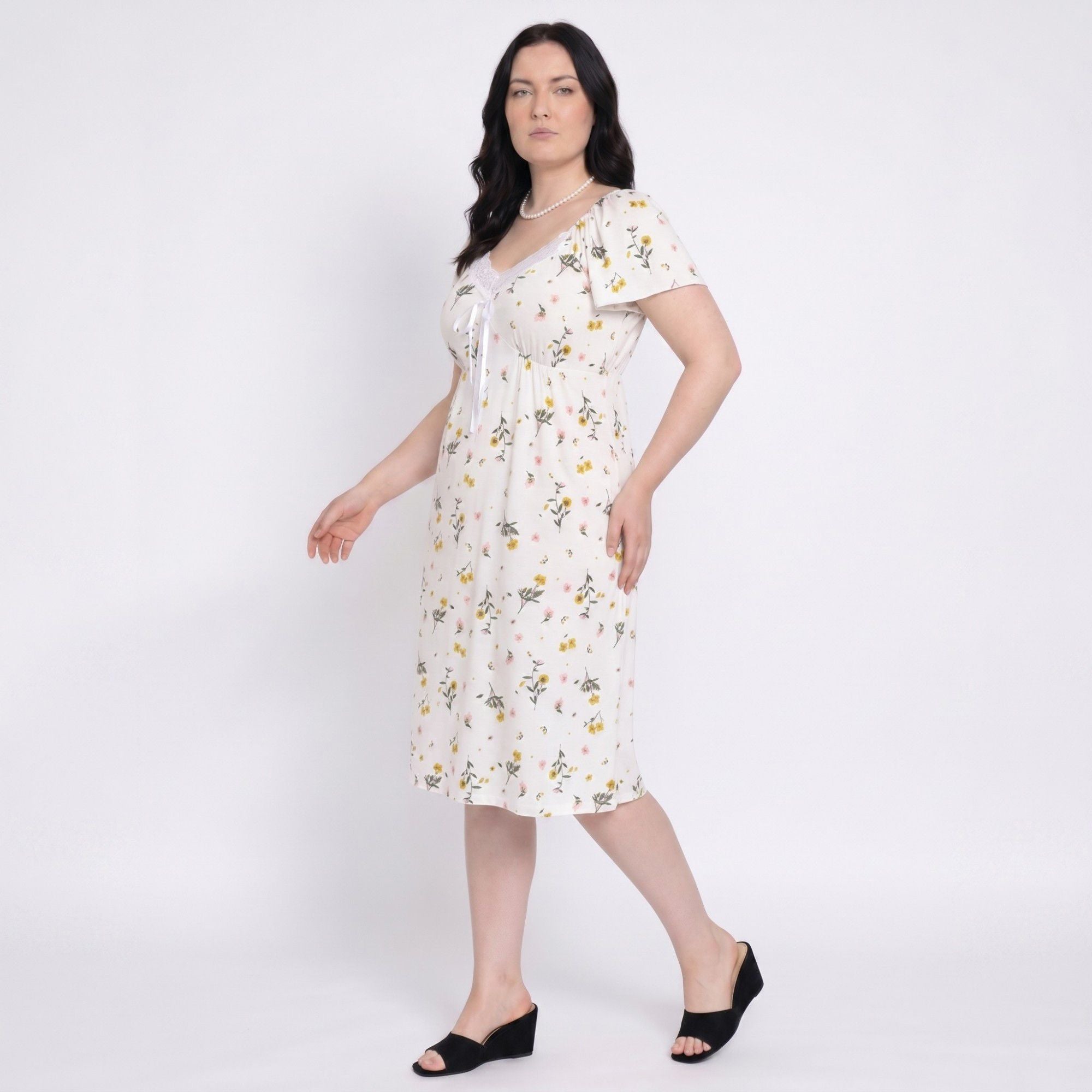 Floral Midi Nightgown Short Sleeve Lace Trim V-Neck Tie Front Sleep Dress
