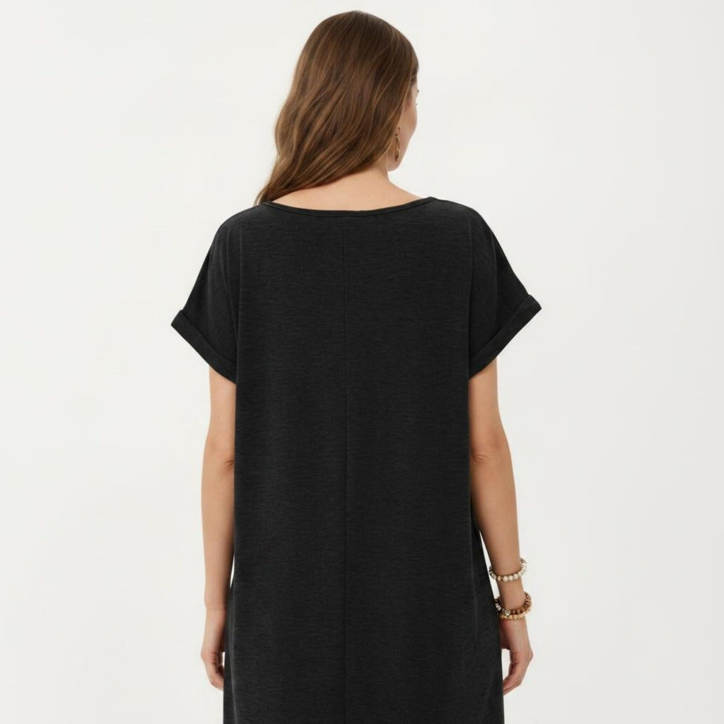 Anna-Kaci Women's Short Sleeve Shift Dress with Split V Neck Embroidered Detail Relaxed Fit Casual Tunic Dress