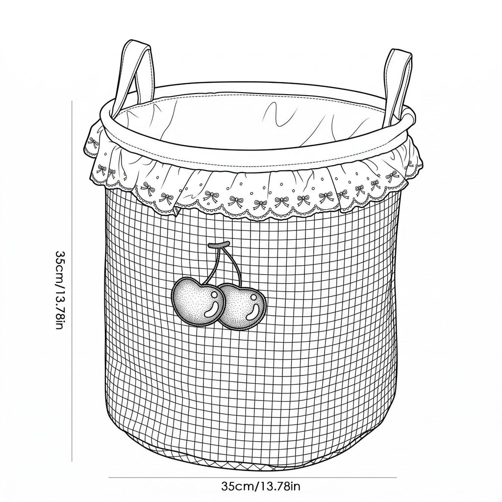 Cherry Embroidered Gingham Laundry Hamper with Lace Ruffle & Handles