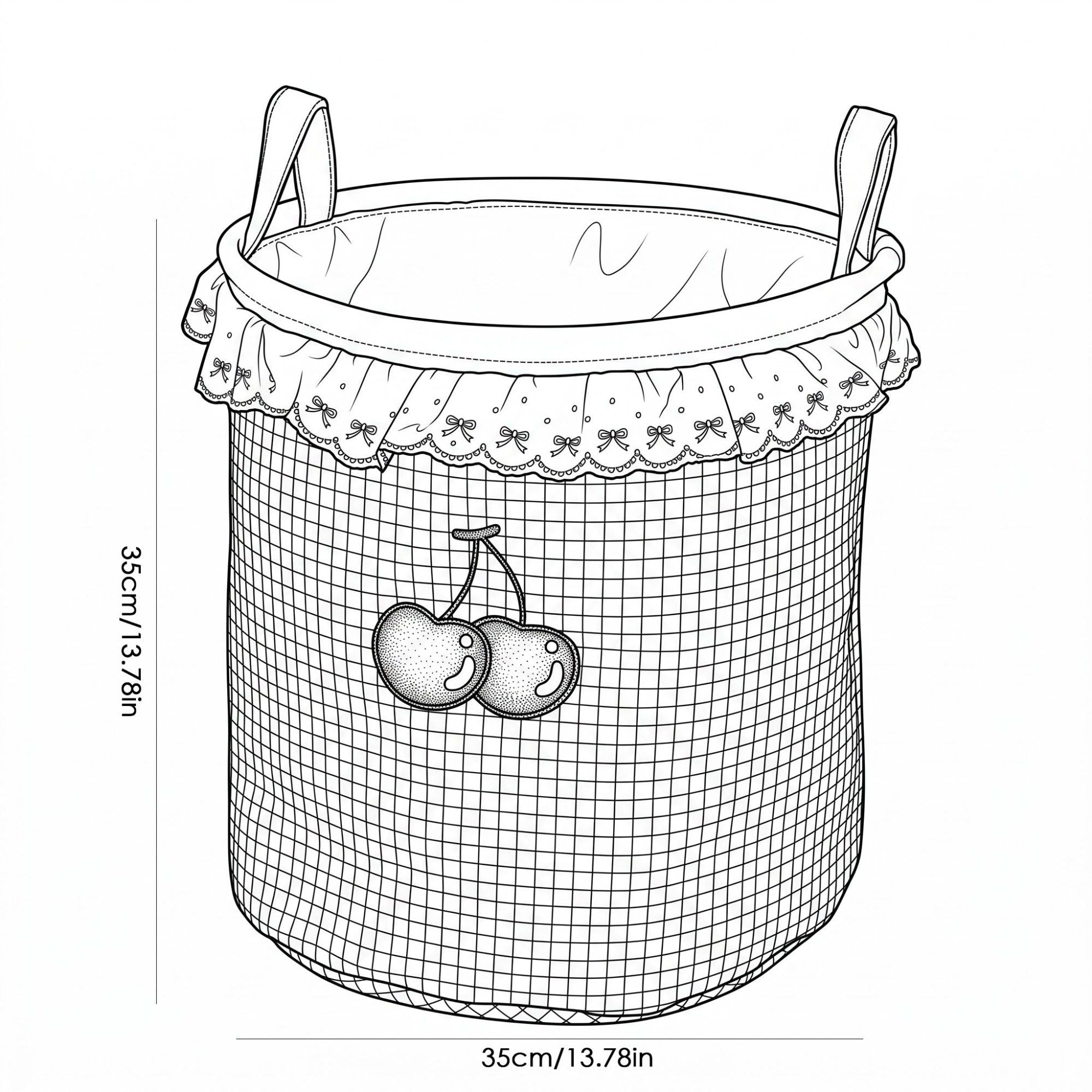 Cherry Embroidered Gingham Laundry Hamper with Lace Ruffle & Handles