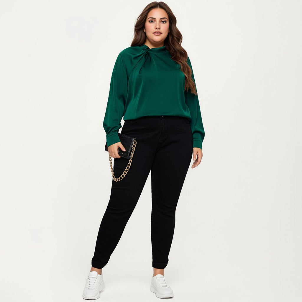 Anna-Kaci Women's Plus Size Long Sleeve Blouse with Tie Neck Detail Relaxed Fit Silky Smooth Fabric
