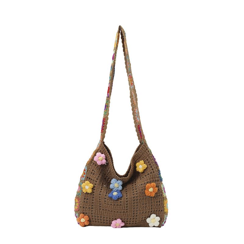 Women's Crochet Shoulder Bag with Daisy Applique and Wide Strap