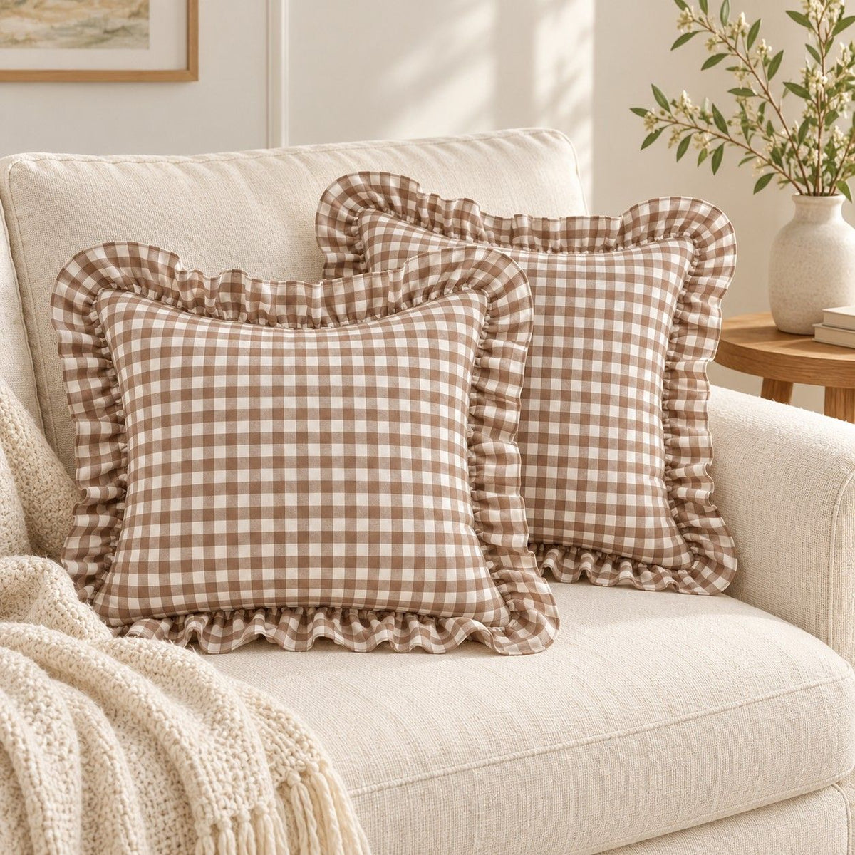 2 Pack Gingham Check Ruffle Throw Pillow Covers 18 x 18 Inch