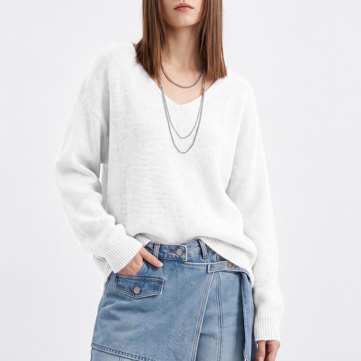 Oversized V Neck Longline Knit Pullover Sweater