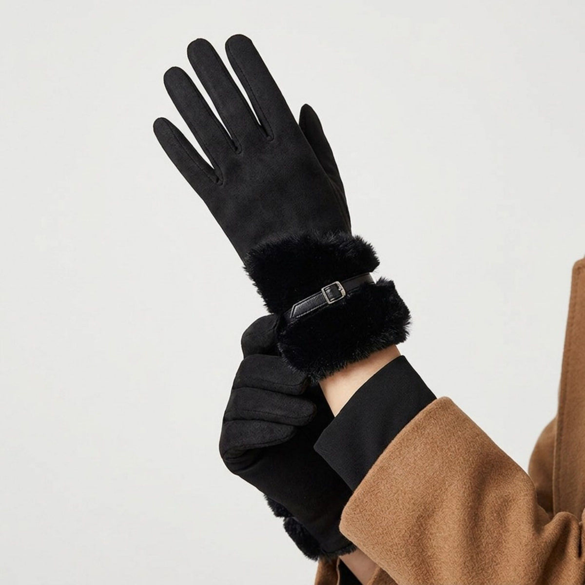 Faux Suede Gloves with Faux Fur Cuff and Buckle Detail 9.9 x 3.9in