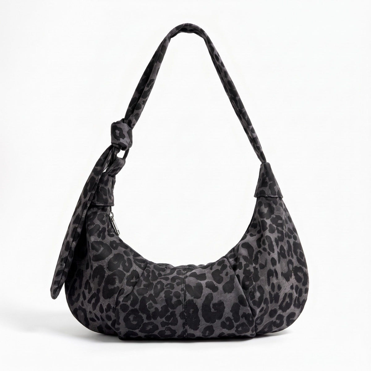 Leopard Print Shoulder Bag with Knotted Strap and Zipper Closure
