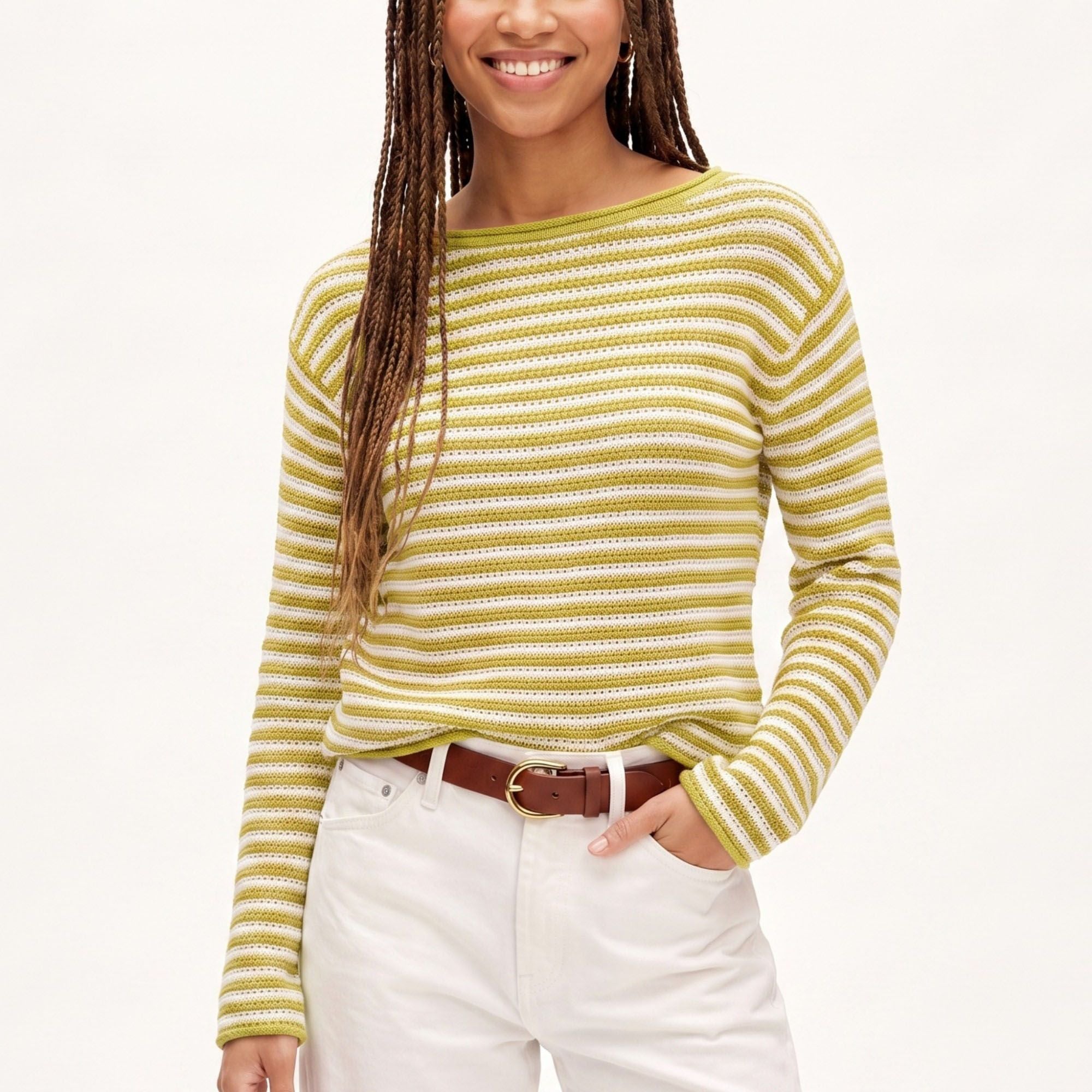 Striped Pointelle Knit Boat Neck Long Sleeve Sweater