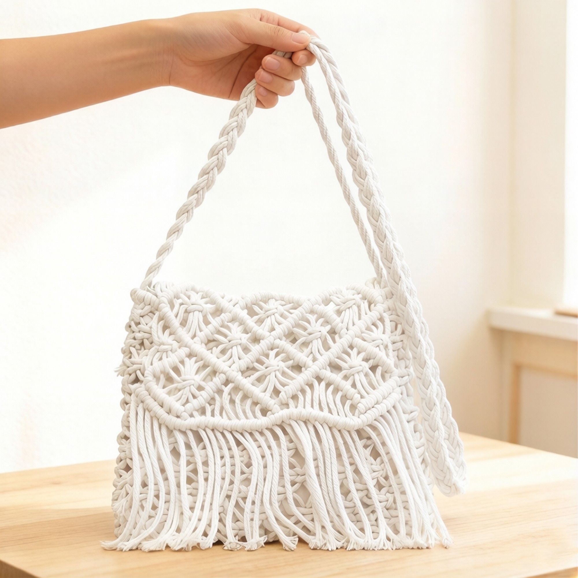Macrame Fringe Shoulder Bag Knotted Rope Crossbody Handbag Boho Woven Tassel Bag Lightweight Handmade Style Purse