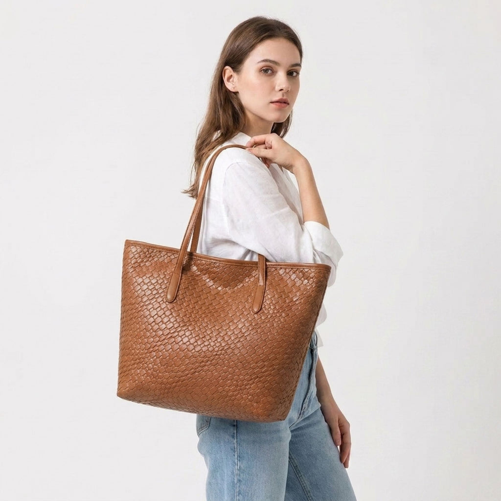 Woven Tote Bag Large Shoulder Handbag with Zipper Closure and Interior Pocket