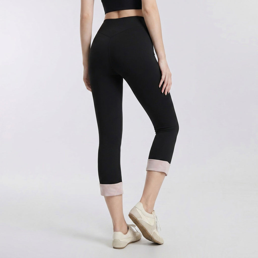 High Waist Capri Leggings with Folded Cuff Hem Wide Waistband Smooth Stretch Yoga Pants