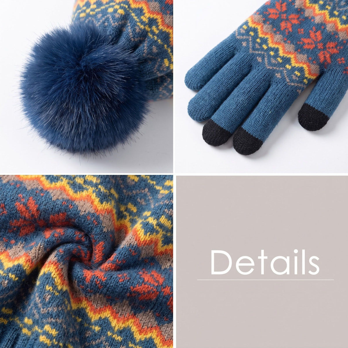 3 Piece Fair Isle Pom Beanie Neck Warmer and Gloves Set