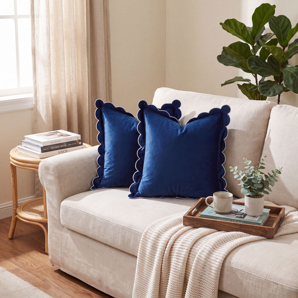 Velvet Scalloped Edge Square Decorative Throw Pillow Cover