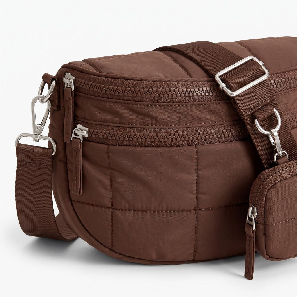 Grid Padded Saddle Crossbody Bag with Detachable Mini Pouch and Adjustable Wide Shoulder Strap 10.2x4.5x8.3in