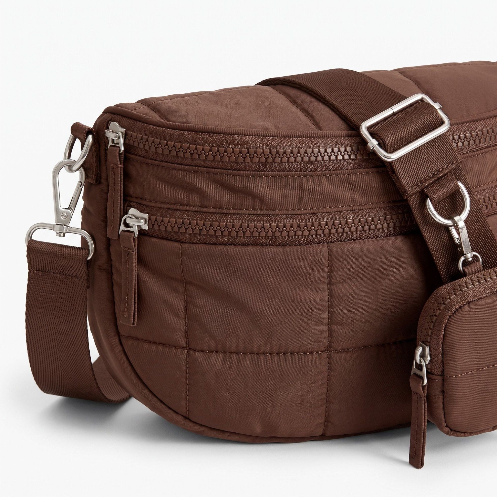 Grid Padded Saddle Crossbody Bag with Detachable Mini Pouch and Adjustable Wide Shoulder Strap 10.2x4.5x8.3in