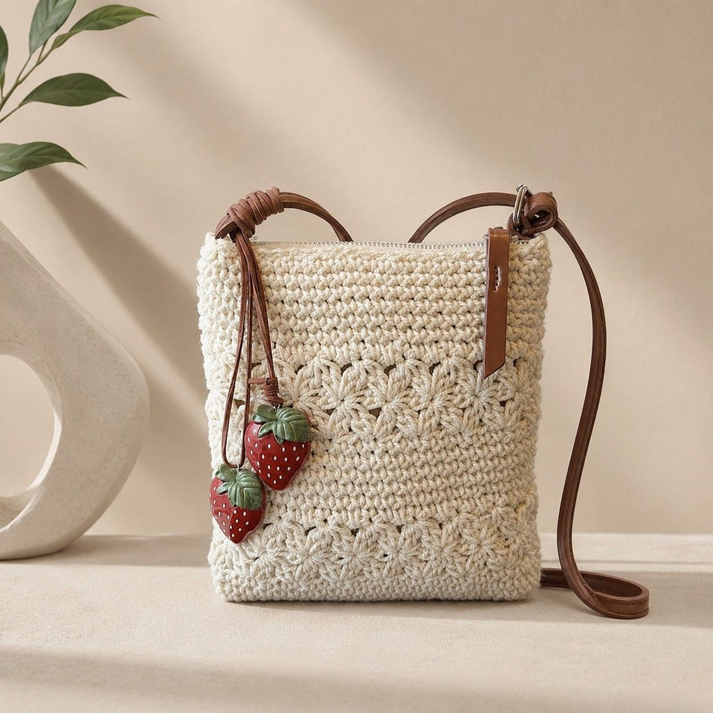 Crochet Crossbody Bag with Strawberry Charm, Adjustable Strap and Zip Closure