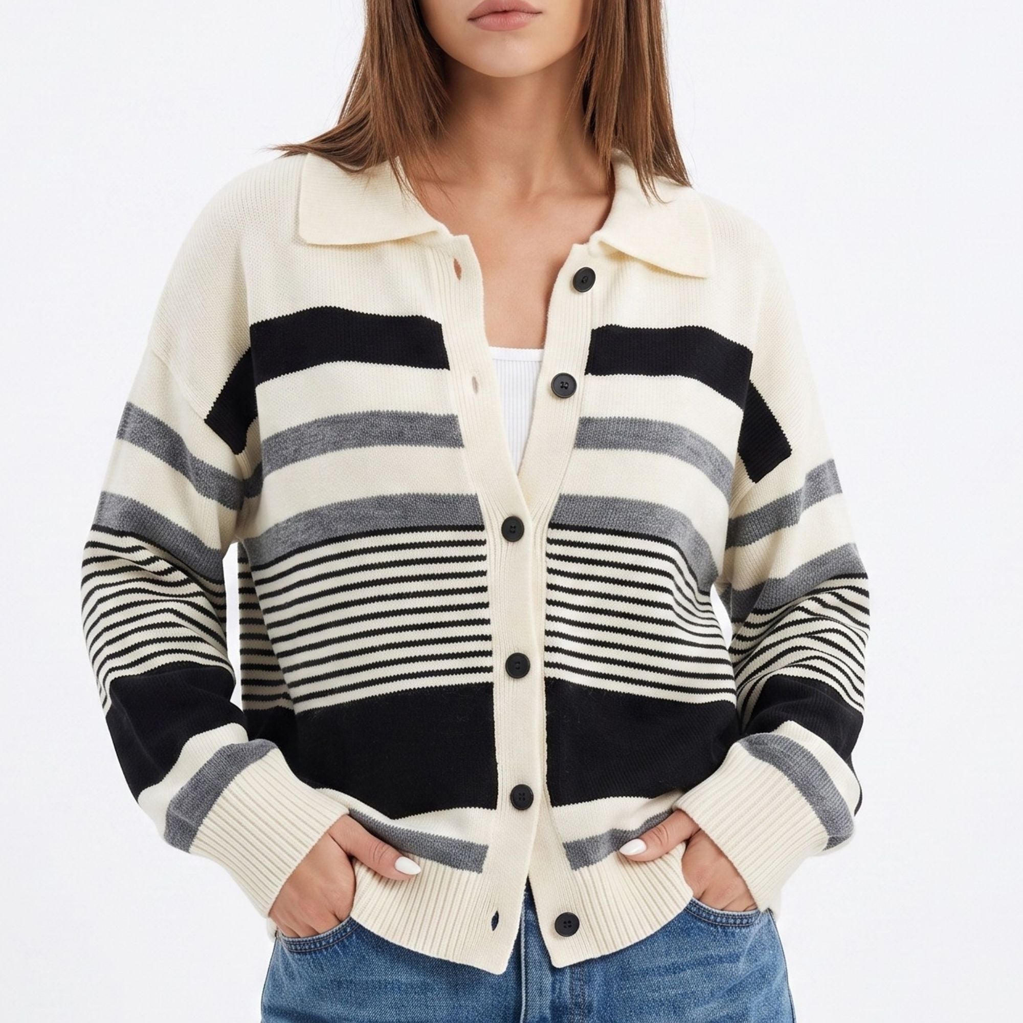 Striped Collared Button Front Knit Cardigan Sweater