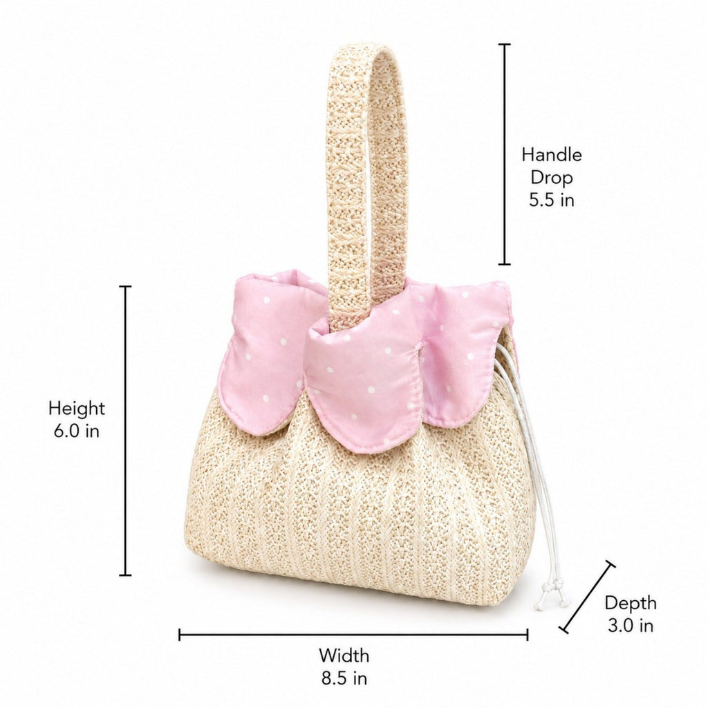 Textured Knit Drawstring Handbag with Floral Petal Trim, Dual Handles and Compact Cosmetic Storage Design